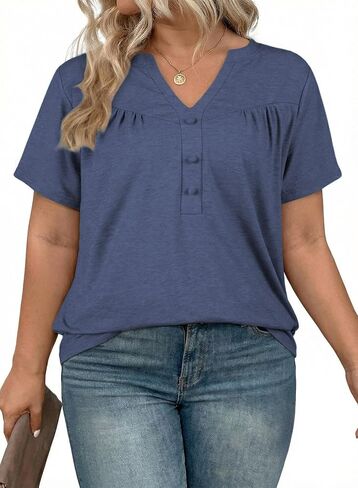 Eytino Plus Size T Shirts for Women Summer Short Sleeve V Neck Button Down Casual Basic Loose Tunic Tops(1X-5X) in Saudi Arabia