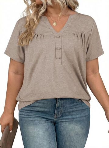 Eytino Plus Size T Shirts for Women Summer Short Sleeve V Neck Button Down Casual Basic Loose Tunic Tops(1X-5X) in Saudi Arabia