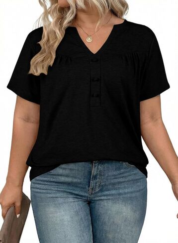Eytino Plus Size T Shirts for Women Summer Short Sleeve V Neck Button Down Casual Basic Loose Tunic Tops(1X-5X) in Saudi Arabia