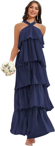 Chiffon Halter Tiered Bridesmaid Dresses Long Aline Formal Evening Party Gowns in Saudi Arabia