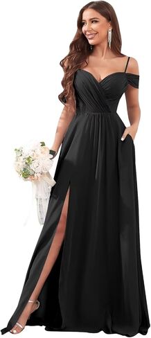 فساتين وصيفة العروس مكشوفة الكتف للنساء مع جيوب، فستان طويل من الشيفون لحفلات الزفاف مع فتحة in Kuwait