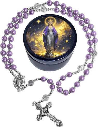 8mm Glass Pearl Rosary - Catholic Necklace for Men and Women Comes in a Metal Gift Box, First Communion Rosary Necklace as Gifts in Saudi Arabia