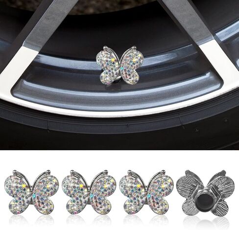 YoRise 4PCS Bling Butterfly Car Tire Valve Stem Caps, Rhinestone Car Tire Valve Caps, Dustproof Wheel Air Cap, Cute Automotive Decoration Accessories for SUV Truck Motorcycle Bike (White) in Saudi Arabia