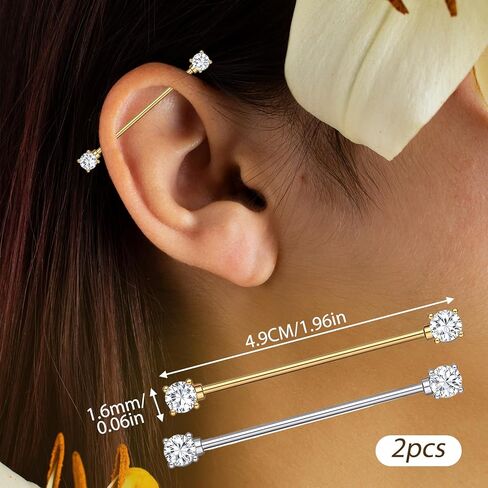 2Pcs Gold Sliver Industrial Piercing Jewelry, 14G Titanium Steel Cubic Zircon Industrial Bar, Cartilage Conch Helix Piercing Barbell Earrings Body Piercing Jewelry for Women Men in Saudi Arabia