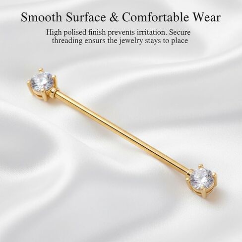 2Pcs Gold Sliver Industrial Piercing Jewelry, 14G Titanium Steel Cubic Zircon Industrial Bar, Cartilage Conch Helix Piercing Barbell Earrings Body Piercing Jewelry for Women Men in Saudi Arabia