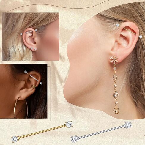 2Pcs Gold Sliver Industrial Piercing Jewelry, 14G Titanium Steel Cubic Zircon Industrial Bar, Cartilage Conch Helix Piercing Barbell Earrings Body Piercing Jewelry for Women Men in Saudi Arabia