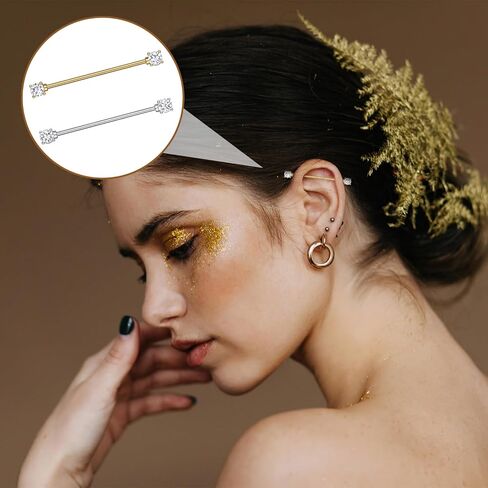 2Pcs Gold Sliver Industrial Piercing Jewelry, 14G Titanium Steel Cubic Zircon Industrial Bar, Cartilage Conch Helix Piercing Barbell Earrings Body Piercing Jewelry for Women Men in Saudi Arabia