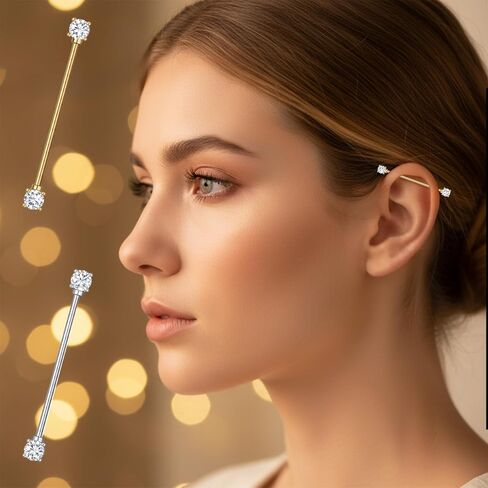 2Pcs Gold Sliver Industrial Piercing Jewelry, 14G Titanium Steel Cubic Zircon Industrial Bar, Cartilage Conch Helix Piercing Barbell Earrings Body Piercing Jewelry for Women Men in Saudi Arabia