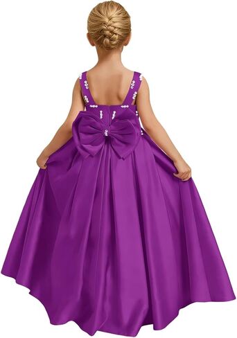 Satin Flower Girl Dress for Wedding Sleeveless Crew Neck Bow Knot Beaded A-Line Long Spaghetti Strap Princess Gowns in Kuwait