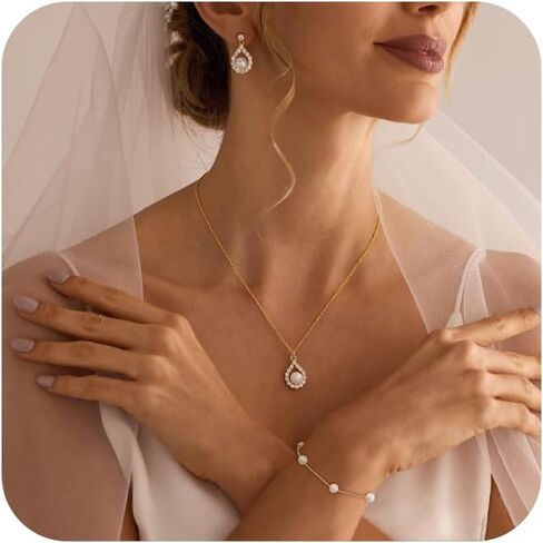 مجموعات مجوهرات للنساء، أقراط لؤلؤ مطلية بالذهب عيار 14 قيراط، وقلادة وسوار، وإكسسوارات مجوهرات الزفاف الفضية، مجموعات مجوهرات الزفاف البسيطة للعرائس in Kuwait