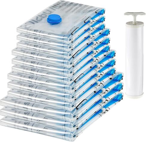 Amazon Basics Vacuum Storage Bags with Hand Pump for Travel, Space Saving Compression Bags for Clothes and Blankets, Clear, 12 Pack (3 Small, 3 Medium, 3 Large & 3 Jumbo) in Kuwait