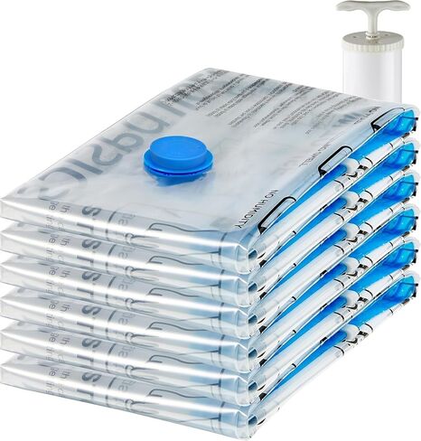 Amazon Basics Vacuum Storage Bags for Clothes, Space Saving Compression Storage Bags with Hand Pump, Heavy Duty, Stackable, Jumbo Size, Clear, 6-Pack in Kuwait
