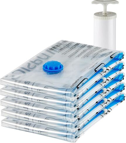 Amazon Basics Vacuum Storage Bags for Clothes, Space Saving Compression Storage Bags with Hand Pump, Heavy Duty, Stackable, Jumbo Size, Clear, 6-Pack in Kuwait