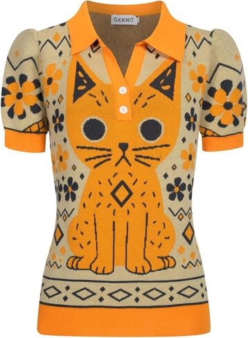 OXKNIT Women's Knit Polo Shirts Short Sleeve, 1960s Vintage Cat Pattern Orange Casual V-Neck Tops with Quarter Button in Saudi Arabia