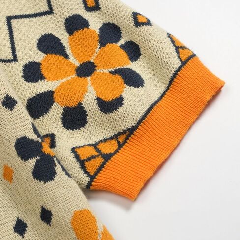 قمصان بولو نسائية من OXKNIT بأكمام قصيرة، نمط قطة عتيق من الستينيات برتقالي كاجوال برقبة على شكل حرف V مع زر ربع in Kuwait