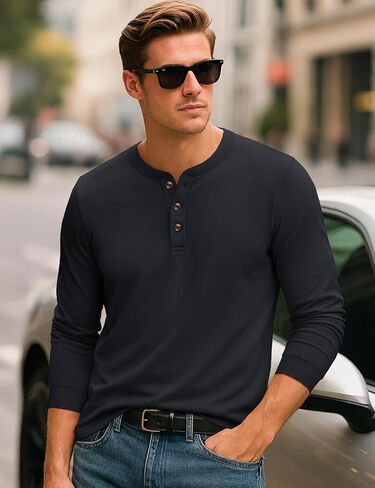 Men’s Long Sleeve Henley Shirts Classic 3-Button Plain Basic Tops Casual T-Shirts in Saudi Arabia