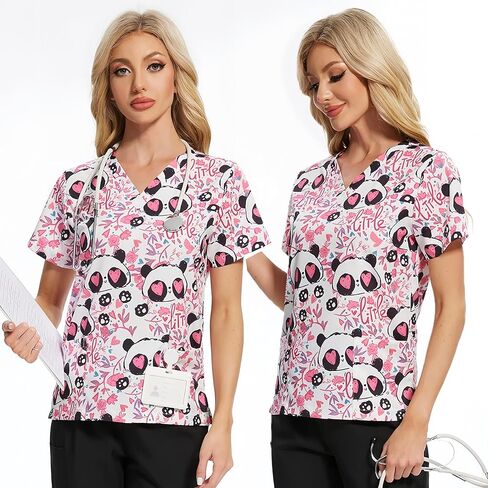 Printed Scrubs for Women, Nurse Uniform,Medical Proffesional V Neck Short Sleeve Stretch Functional Workwear in Saudi Arabia