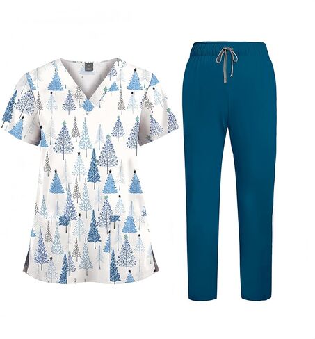 Printed Scrubs for Women, Nurse Uniform,Medical Proffesional V Neck Short Sleeve Stretch Functional Workwear in Saudi Arabia