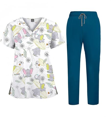 Printed Scrubs for Women, Nurse Uniform,Medical Proffesional V Neck Short Sleeve Stretch Functional Workwear in Saudi Arabia