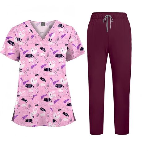 Printed Scrubs for Women, Nurse Uniform,Medical Proffesional V Neck Short Sleeve Stretch Functional Workwear in Saudi Arabia