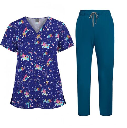 Printed Scrubs for Women, Nurse Uniform,Medical Proffesional V Neck Short Sleeve Stretch Functional Workwear in Saudi Arabia