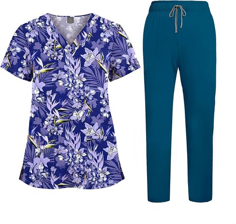 Printed Scrubs for Women, Nurse Uniform,Medical Proffesional V Neck Short Sleeve Stretch Functional Workwear in Saudi Arabia