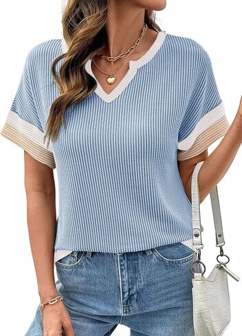 Dokotoo Womens Summer Tops 2026 Colorblock V Neck Short Sleeve T Shirts Dressy Casual Clothes Vacation Outfits in Saudi Arabia