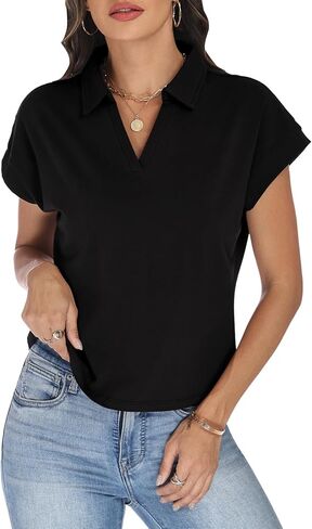 Women's Cap Sleeve Crop Tops Collared V Neck T Shirts Boxy Short Sleeve Polo Shirts Summer Basic Tees Fashion Clothes in Saudi Arabia