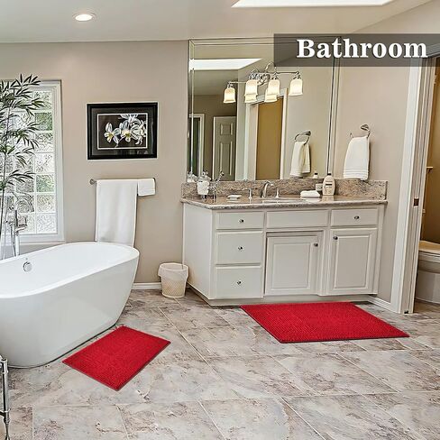 بساط حمام من Eanpet Chenille مصنوع من الألياف الدقيقة، سجادة حمام للأطفال، سجادة حمام قابلة للغسل وجافة وسريعة الامتصاص للماء (19.2 بوصة × 31.1 بوصة و15.3 بوصة × 23.2 بوصة، أحمر) in Kuwait