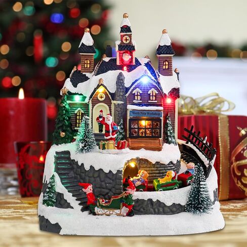Vipush Christmas Village House Decorations Resin Burger Shop Home Decor Indoor Building Figurines Revolving Train with LED Light and 8 Christmas Music for Kids in Saudi Arabia