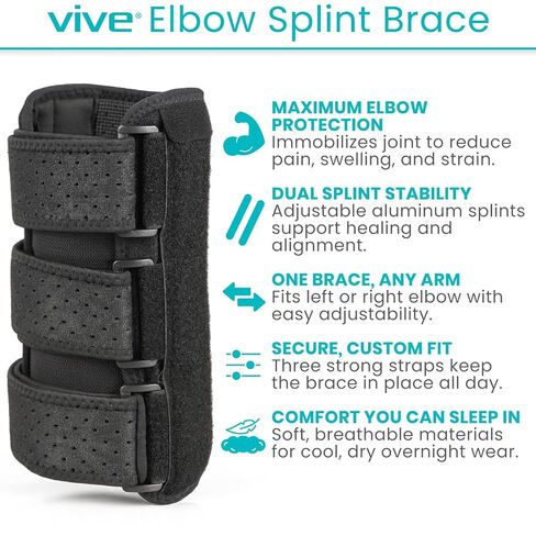 Vive Elbow Splint Brace for Tendonitis, Cubital Tunnel, Sleep Support, Tennis Elbow - 2 Removeable Splints that Stabilize Joint for Pain Relief - Arm Compression Sleeve Immobilizer for Men and Women in Saudi Arabia