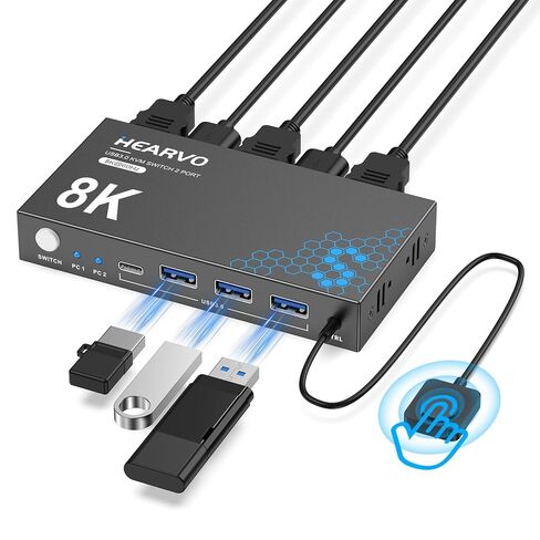 HDMI KVM Switch 1 شاشة 2 جهاز كمبيوتر، مفاتيح KVM 8K@60 هرتز لجهازي كمبيوتر مشاركة شاشة لوحة المفاتيح والماوس محركات الأقراص الصلبة، مع EDID Adaptive، 2 * كابل USB ووحدة تحكم. in Kuwait