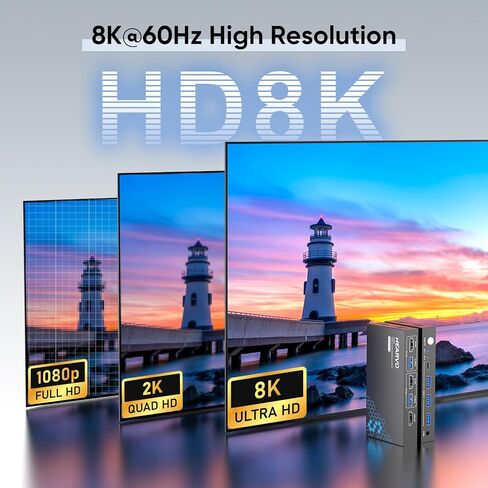 HDMI KVM Switch 1 شاشة 2 جهاز كمبيوتر، مفاتيح KVM 8K@60 هرتز لجهازي كمبيوتر مشاركة شاشة لوحة المفاتيح والماوس محركات الأقراص الصلبة، مع EDID Adaptive، 2 * كابل USB ووحدة تحكم. in Kuwait