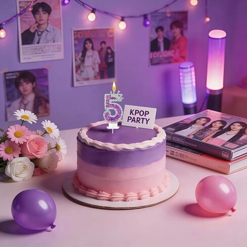 شموع أرقام عيد الميلاد من Kpop، شموع عيد الميلاد الأرجوانية الخامسة للكيك، شمعة رقم التاج اللامع مع حافة فضية للحفلات والاحتفال بالذكرى السنوية (بريق فضي وأرجواني، 5) in Kuwait