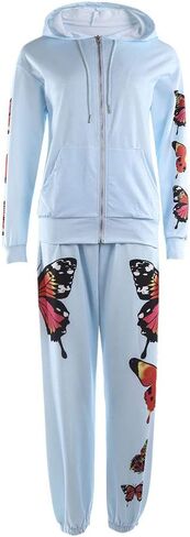 طقم ملابس رياضية للسيدات مكون من قطعتين للركض على شكل فراشة، سويت شيرت بغطاء للرأس بسحاب in Kuwait