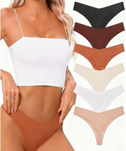 V-Waisted No Show Panties Seamless Thongs 6-Pack, Breathable Stretch Underwear for Women in Saudi Arabia