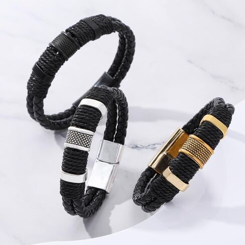 Men's 2-Piece Braided Leather Bracelet Set - Stylish Cuff with Rope Detail & Metal Accents in Saudi Arabia