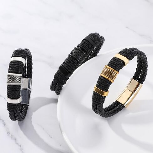 Men's 2-Piece Braided Leather Bracelet Set - Stylish Cuff with Rope Detail & Metal Accents in Saudi Arabia