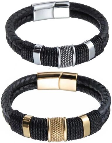 Men's 2-Piece Braided Leather Bracelet Set - Stylish Cuff with Rope Detail & Metal Accents in Saudi Arabia