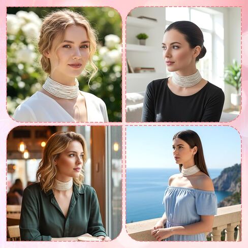 Boho Pearl Choker Necklace for Women - Multi Strand Layered Vintage Style Imitation Pearl Necklace, 1920s Gatsby Bridal Wedding Christmas Party Jewelry Gift in Kuwait