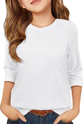 ZDC Girls Casual 3/4 Sleeve T Shirts Kids Cute Crewneck Tops Basic Tees Blouse for 5-14 Years in Saudi Arabia