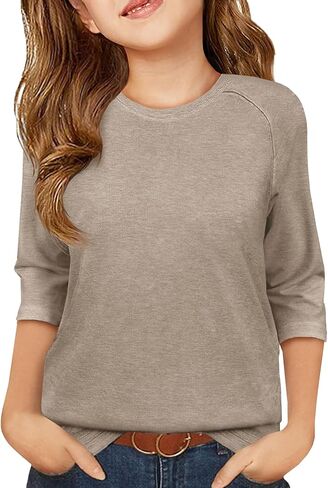 ZDC Girls Casual 3/4 Sleeve T Shirts Kids Cute Crewneck Tops Basic Tees Blouse for 5-14 Years in Saudi Arabia
