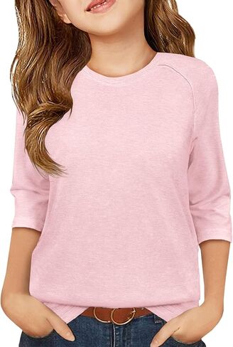 ZDC Girls Casual 3/4 Sleeve T Shirts Kids Cute Crewneck Tops Basic Tees Blouse for 5-14 Years in Saudi Arabia