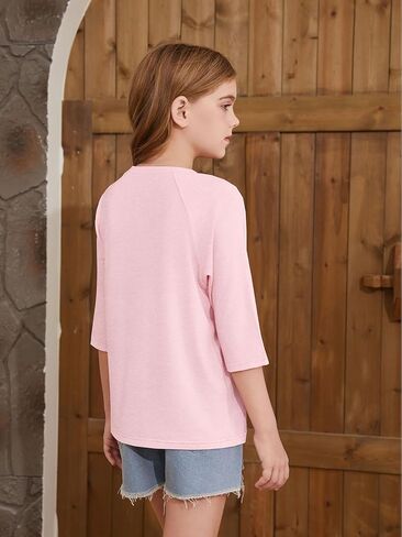 ZDC Girls Casual 3/4 Sleeve T Shirts Kids Cute Crewneck Tops Basic Tees Blouse for 5-14 Years in Saudi Arabia