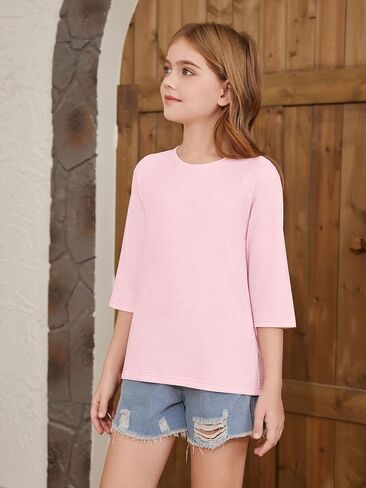 ZDC Girls Casual 3/4 Sleeve T Shirts Kids Cute Crewneck Tops Basic Tees Blouse for 5-14 Years in Saudi Arabia