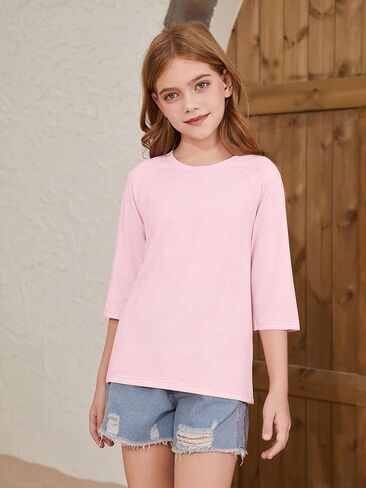 ZDC Girls Casual 3/4 Sleeve T Shirts Kids Cute Crewneck Tops Basic Tees Blouse for 5-14 Years in Saudi Arabia