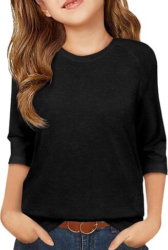 ZDC Girls Casual 3/4 Sleeve T Shirts Kids Cute Crewneck Tops Basic Tees Blouse for 5-14 Years in Saudi Arabia