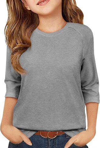 ZDC Girls Casual 3/4 Sleeve T Shirts Kids Cute Crewneck Tops Basic Tees Blouse for 5-14 Years in Saudi Arabia