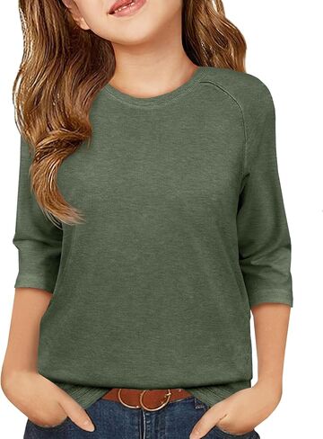 ZDC Girls Casual 3/4 Sleeve T Shirts Kids Cute Crewneck Tops Basic Tees Blouse for 5-14 Years in Saudi Arabia