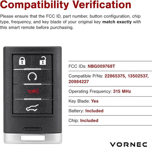 استبدال مفتاح Fob يناسب Cadillac SRX 2010-2015، ATS 2013-2014، XTS 2013-2014، ELR 2014-2015 - 5 أزرار ذكية للدخول بدون مفتاح مع تشغيل عن بعد - معرف لجنة الاتصالات الفيدرالية NBG009768T، رقم الجزء 22865375 in Saudi Arabia
